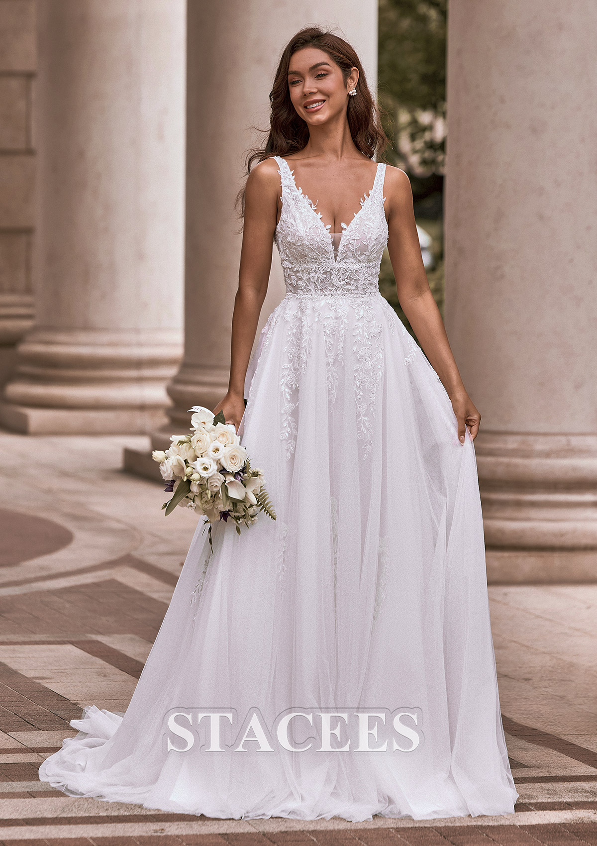 Ivory A-line Princess V Neck Tulle Court Train Wedding Dress with Appliques Lace Beading Sequins - STACEES