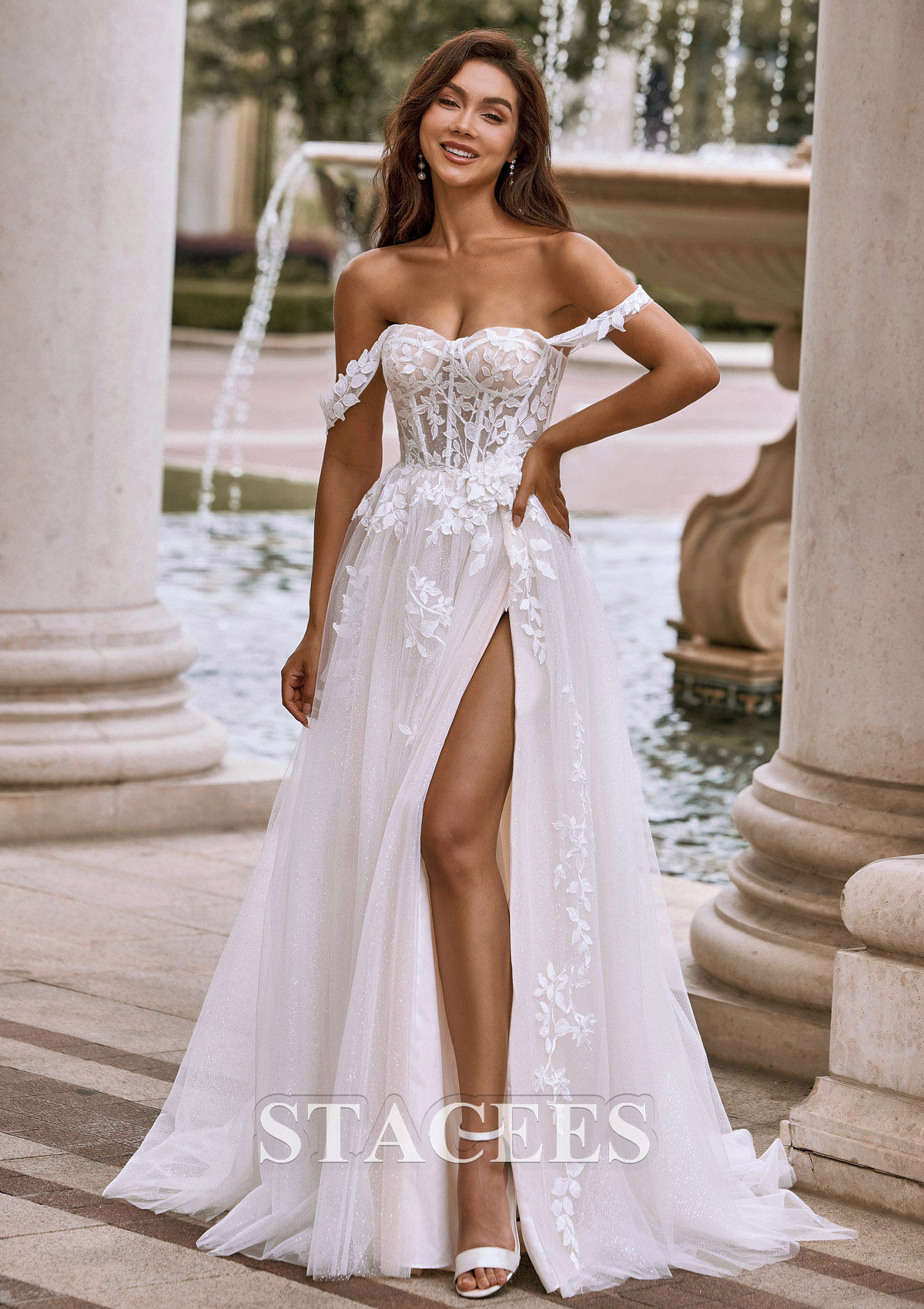 Ivoire Trapèze épaule dénudée tulle traîne balayage robe de mariée  - STACEES