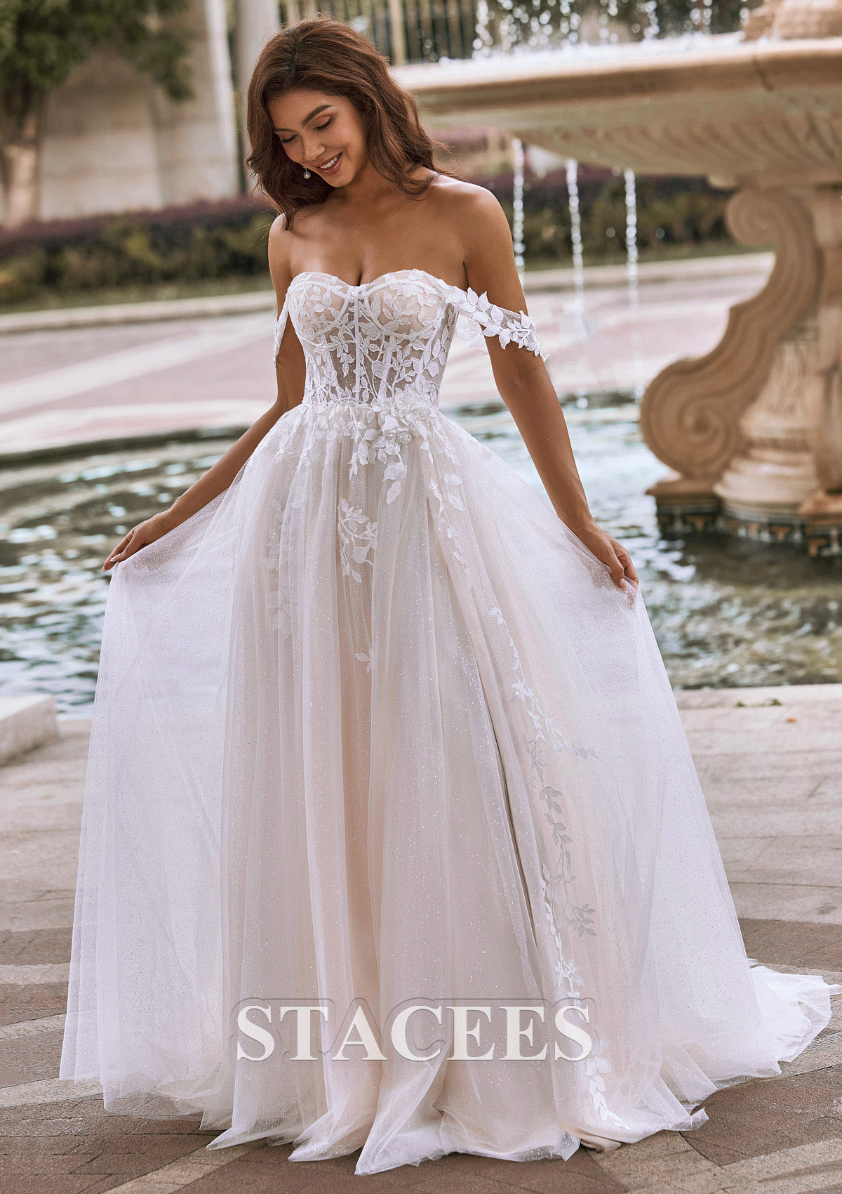 a line sweep train wedding dress A-line Off-the-Shoulder Tulle Sweep Train Wedding Dress with Appliqued  Split Glitter S3083W - Wedding Dresses
