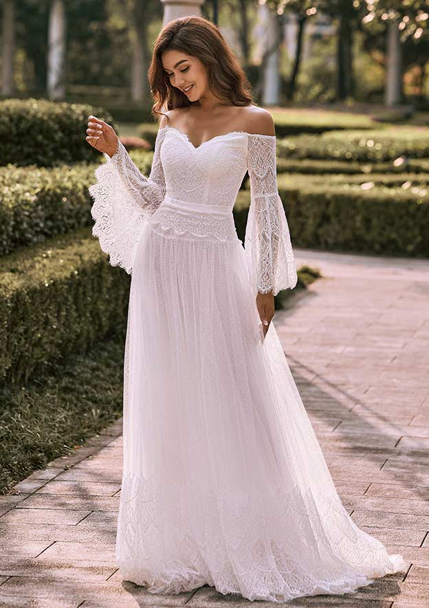 off shoulder white dress lace Lace Off-Shoulder Wedding Dress with Sheer Long Lace Sleeves