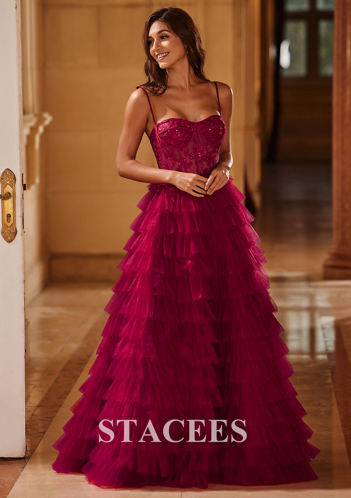 Burgundy Ball Gown Sequined Lace Bodice Ruffled Tiered Floor-Length Prom Dress - STACEES