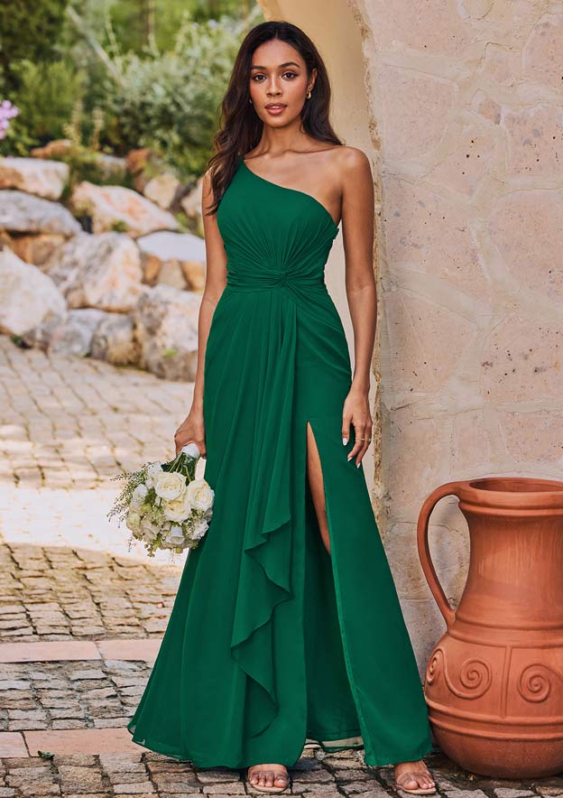 one shoulder ruffle bridesmaid dress Stacees One-Shoulder Ruched Chiffon Ruffle Bridesmaid Dress with Slit