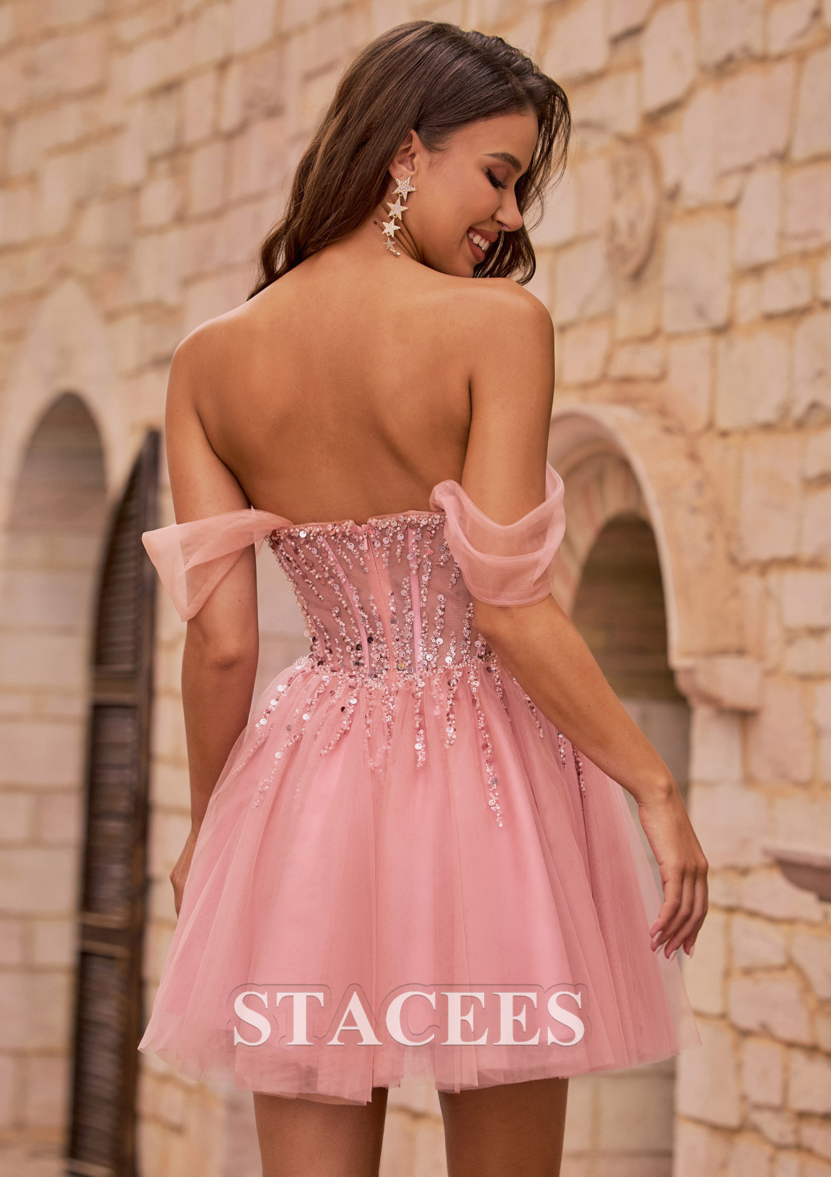 Dusty Pink A-line Off-the-Shoulder Embellished Homecoming Dress - STACEES