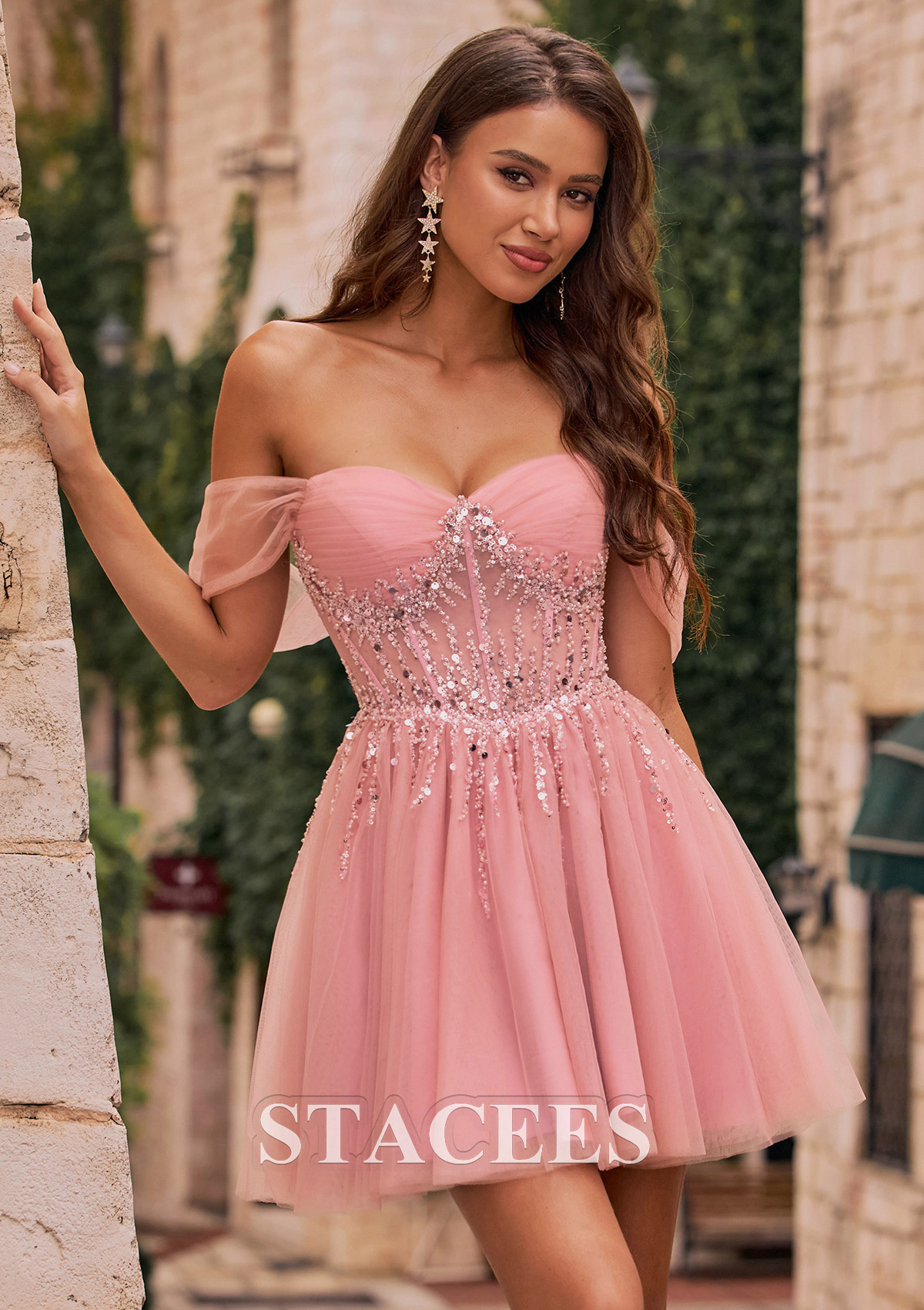 Dusty Pink A-line Off-the-Shoulder Embellished Homecoming Dress - STACEES