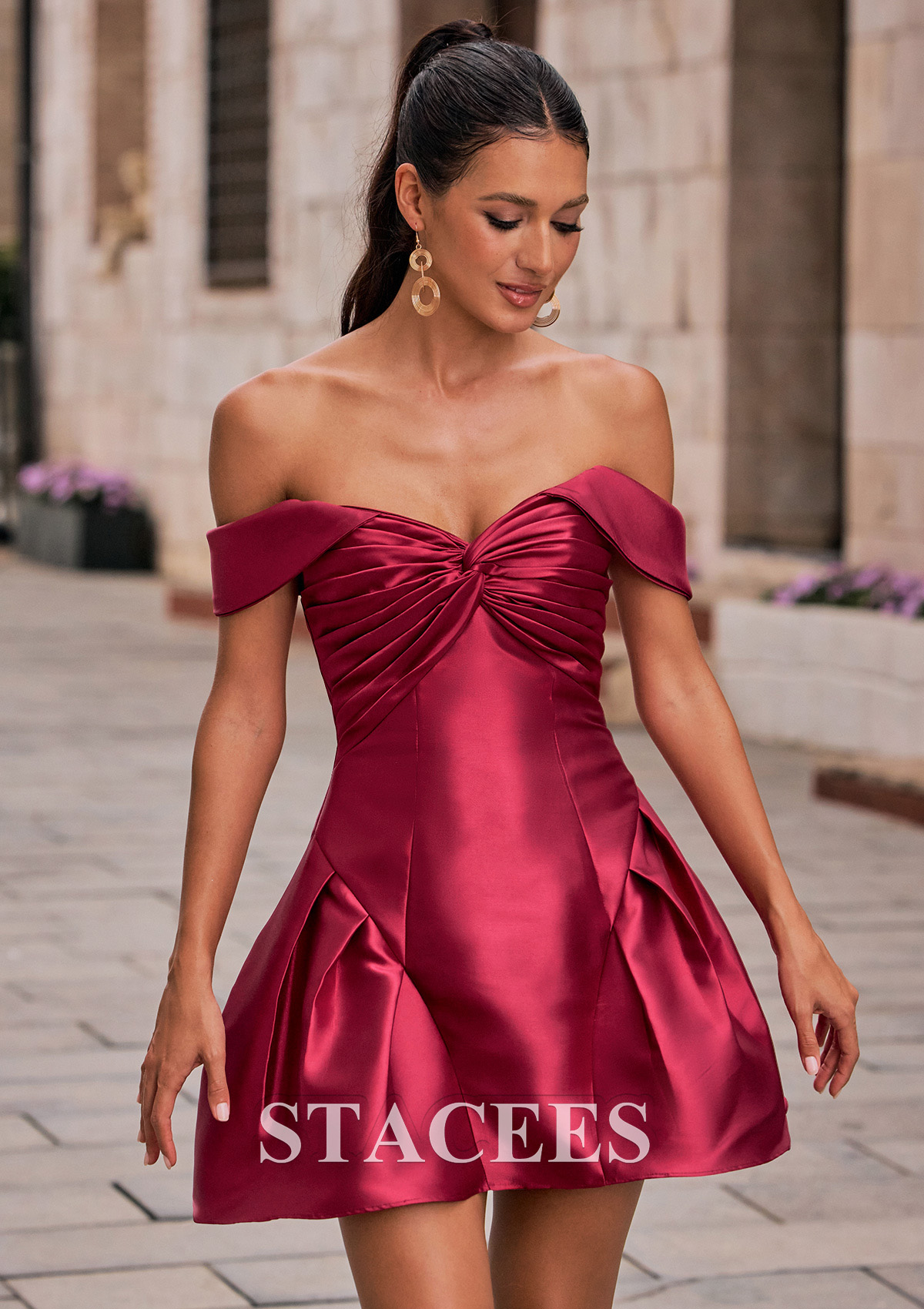 Burgundy A-line Off-the-Shoulder Mikado Short Homecoming Dress with Pleated Fitted Bodice - STACEES