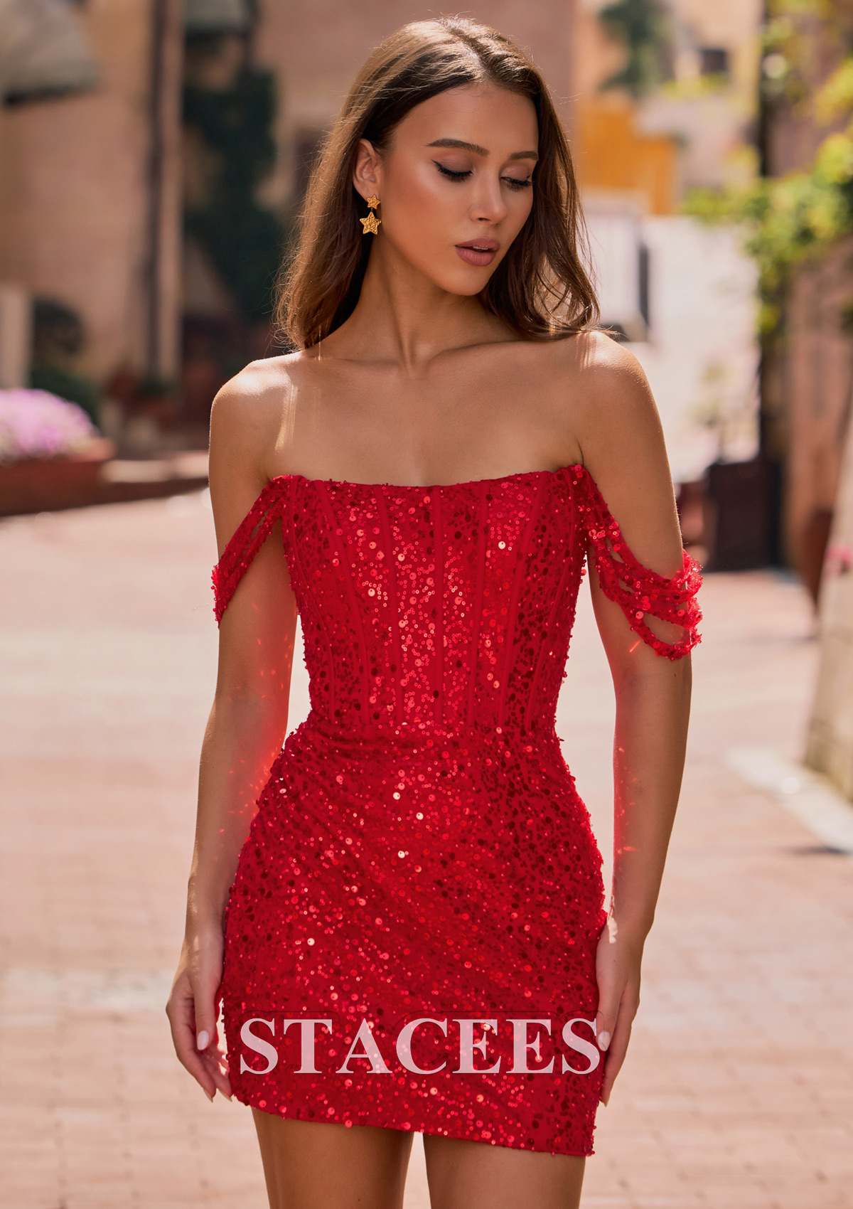 Rouge Fourreau épaule dénudée paillettes courte/mini robe de fête de la rentrée avec perles - STACEES