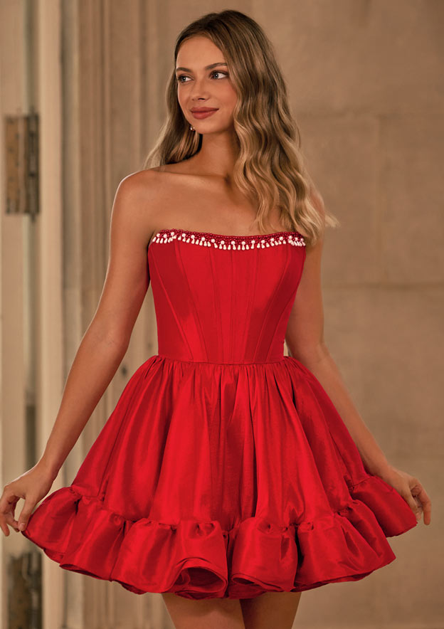 pearl homecoming dress ASHLEYlauren 4873 Cocktail Fitted 8 / White Key Features A-line Pearl Bateau Taffeta Strapless