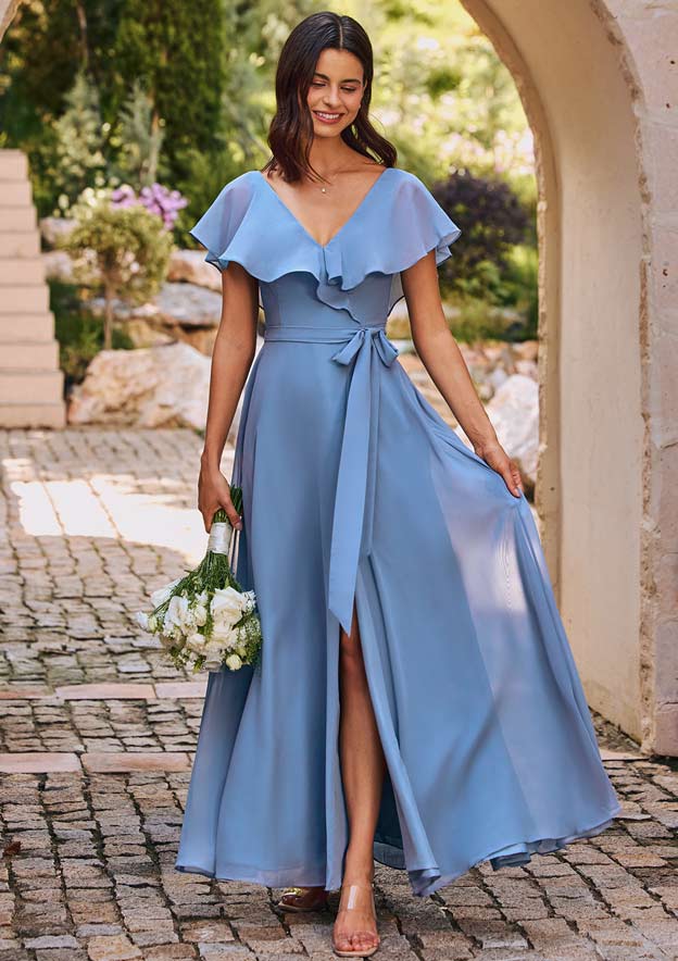 a line blue bridesmaid dress Dusty Blue Flutter Sleeves A-line Multi-Layers Long Bridesmaid Dress with Slit Dusty Blue / US 14