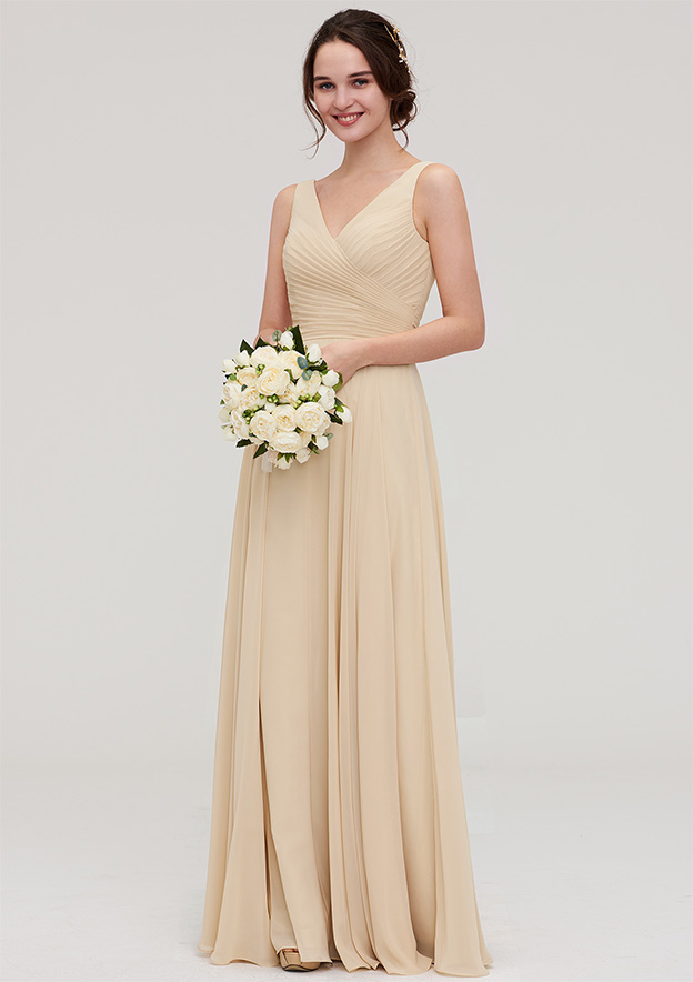 A-line/Princess V Neck Sleeveless Long/Floor-Length Chiffon Bridesmaid Dress With Sashes Pleated