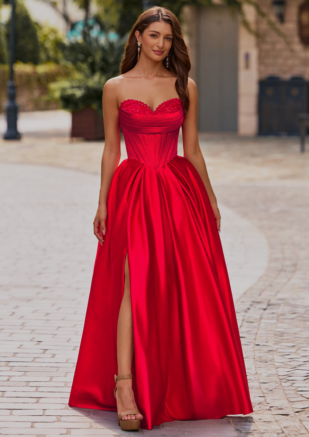 A-line Appliqued Ruched Strapless Sweetheart Corset Satin Slit Prom Dress