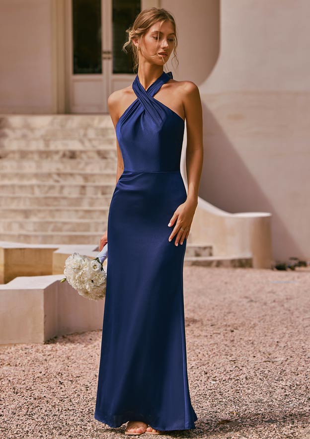 blue halter neck bridesmaid dresses Dusty Blue Halter Neck Slit A-line Chiffon Long Bridesmaid Prom Dress