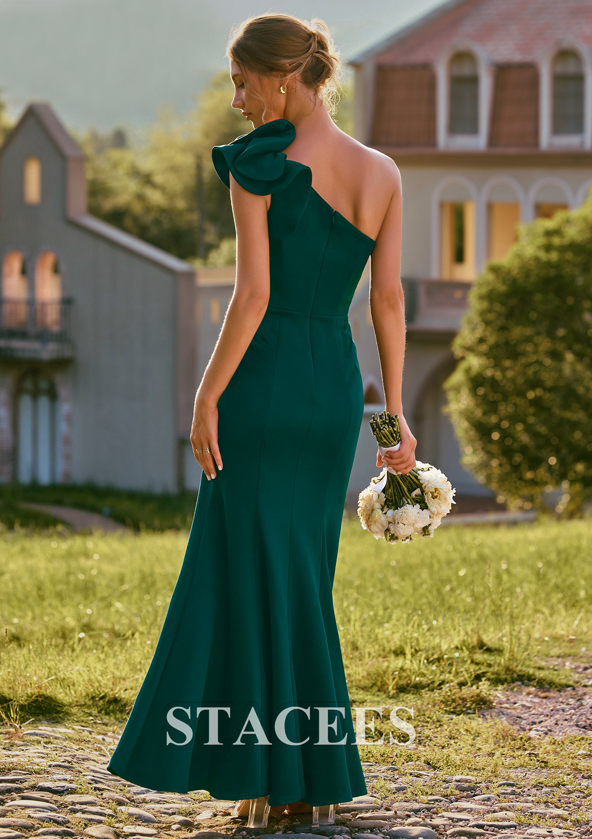 Dark Green Ruffle Flowy One-Shoulder Stretch Crepe Bodycon Mermaid Bridesmaid Dress with Slit