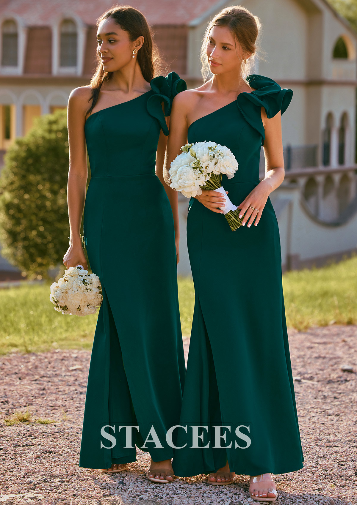 Dark Green Mermaid Ruffle One-Shoulder Stretch Crepe Bridesmaid Dress with Slit