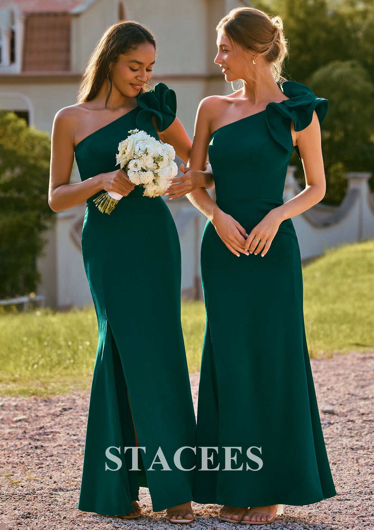 Dark Green Mermaid Ruffle One-Shoulder Stretch Crepe Bridesmaid Dress with Slit