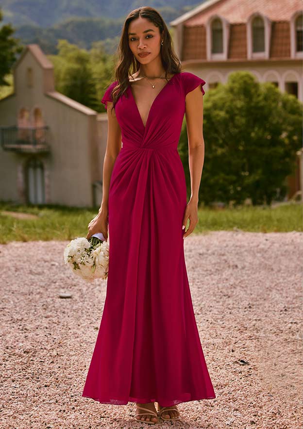 dark red chiffon bridesmaid dresses A‑line Wedding Party Gown Deep V‑Neck Flutter Sleeve Ruched Dress with Slit S6125B - Bridesmaid line cut