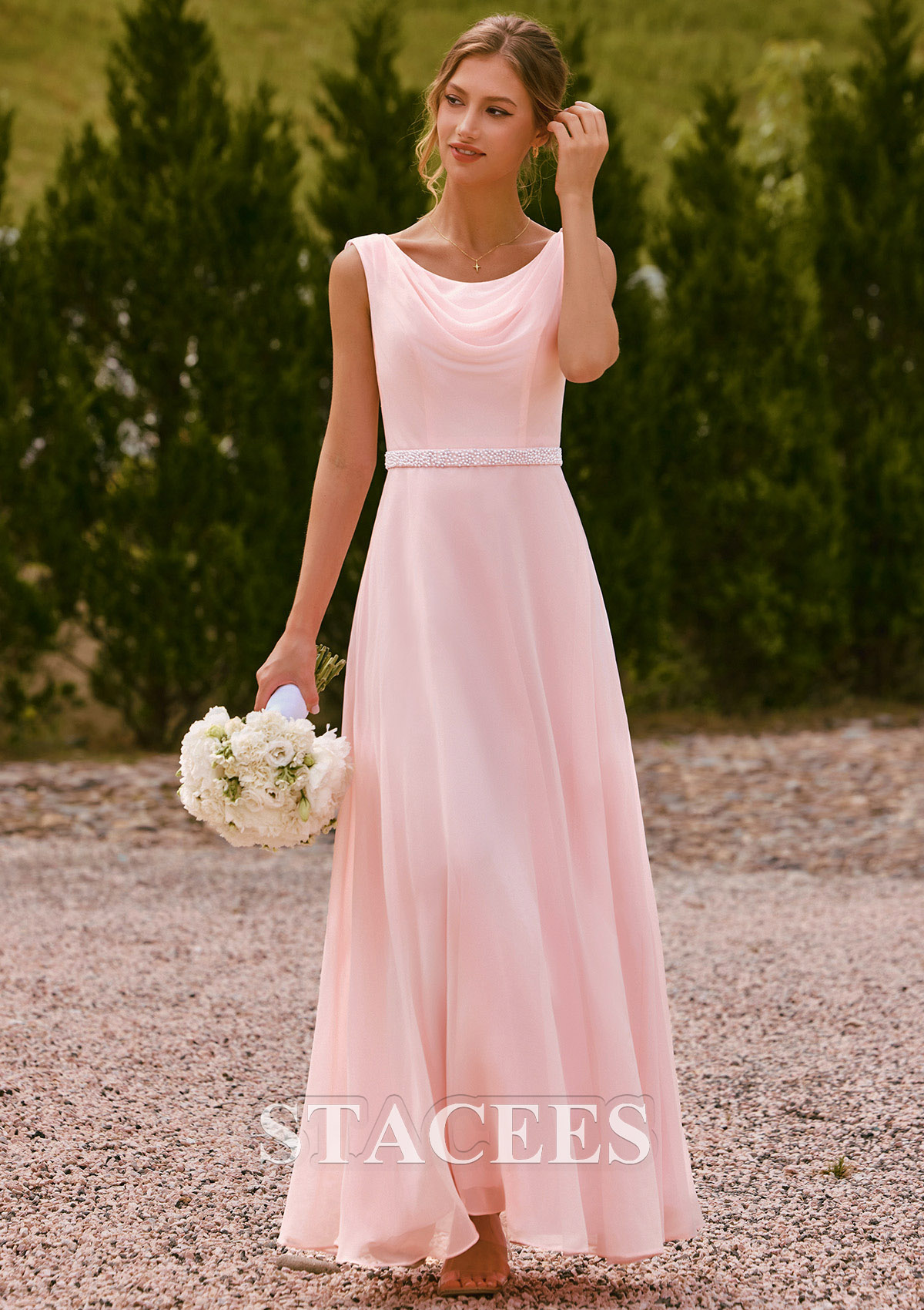 beaded blush bridesmaid dresses Blush Pink Two Piece Bridesmaid Dresses Beaded Formal Gowns ARD2354