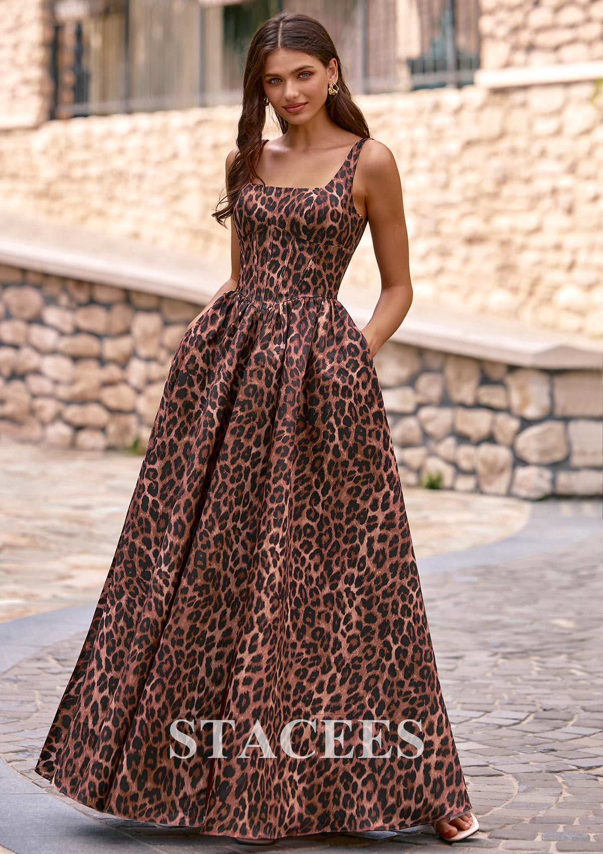 Cheetah Print Leopard Print A-line Square Neckline Prom Dress with Pockets - STACEES