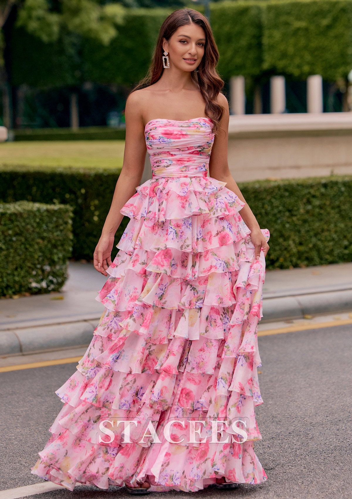 Candy Pink Floral A-line Ruched Chiffon Floral Print Strapless Ruffle Prom Dress with Slit