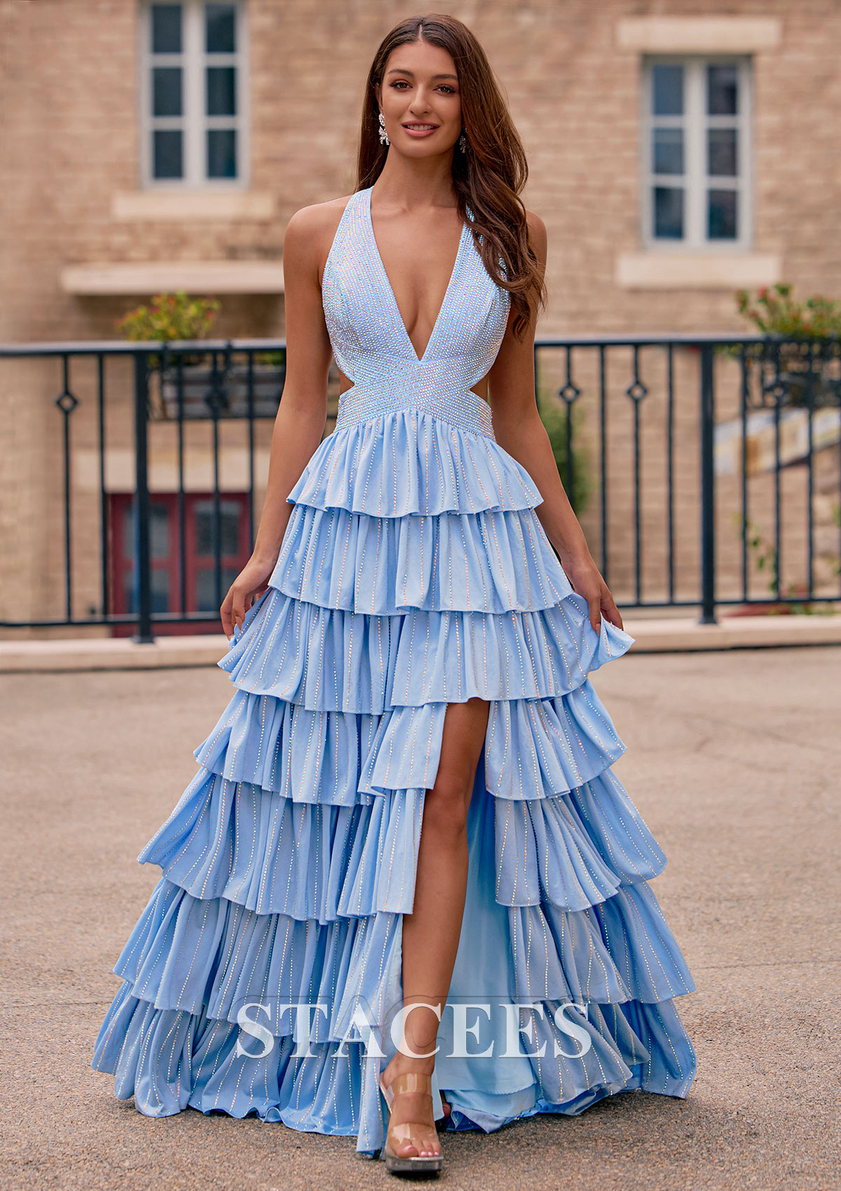 Sky Blue Sparkly A-line Tiered Ruffle Ombre Hot Fix Prom Dress with Plunging V-Neck Slit - STACEES