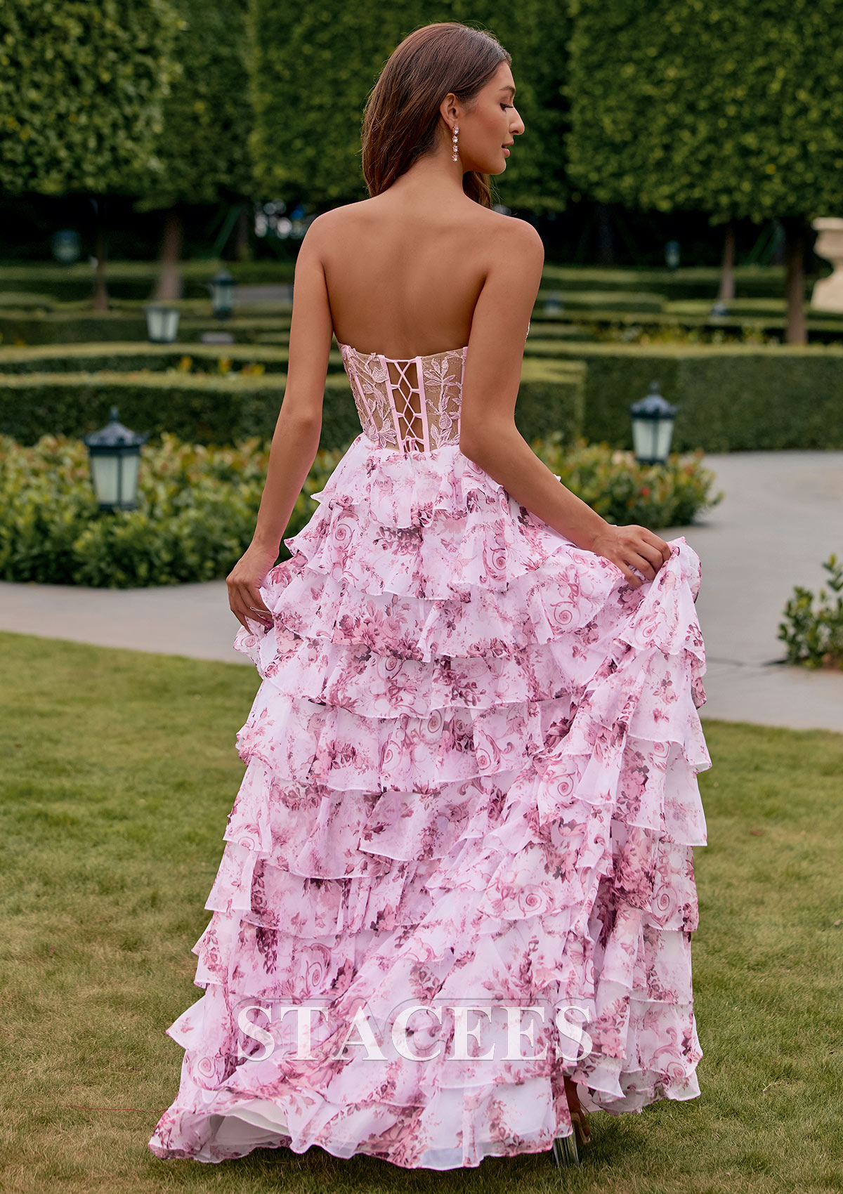 Blushing Pink Floral Floral Print A-line Strapless Beaded Lace Corset Ruffle Prom Dress with Slit - STACEES