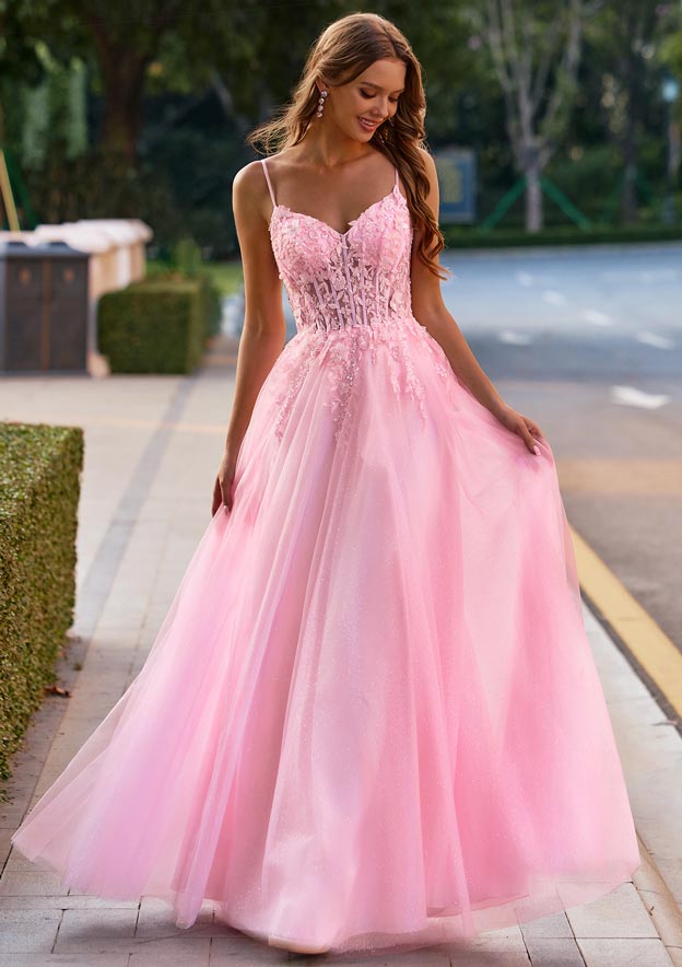A-line V Neck Floral Applique Sheer Corset Glittered Tulle Prom Dress