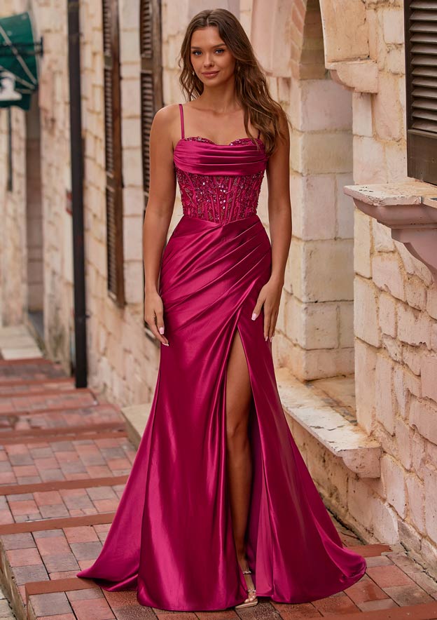 Ruched Mermaid Beaded Sequins Embellished Corset Slit Prom Dress with Spaghetti Straps