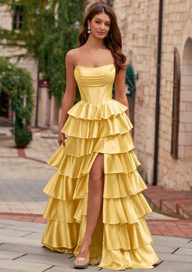 A-line Strapless Ruched Corset Tiered Ruffle Hotfix Prom Dress with Slit