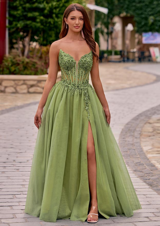 A-line Strapless Embellished Sheer Corset Glitter Tulle Prom Dress with Slit