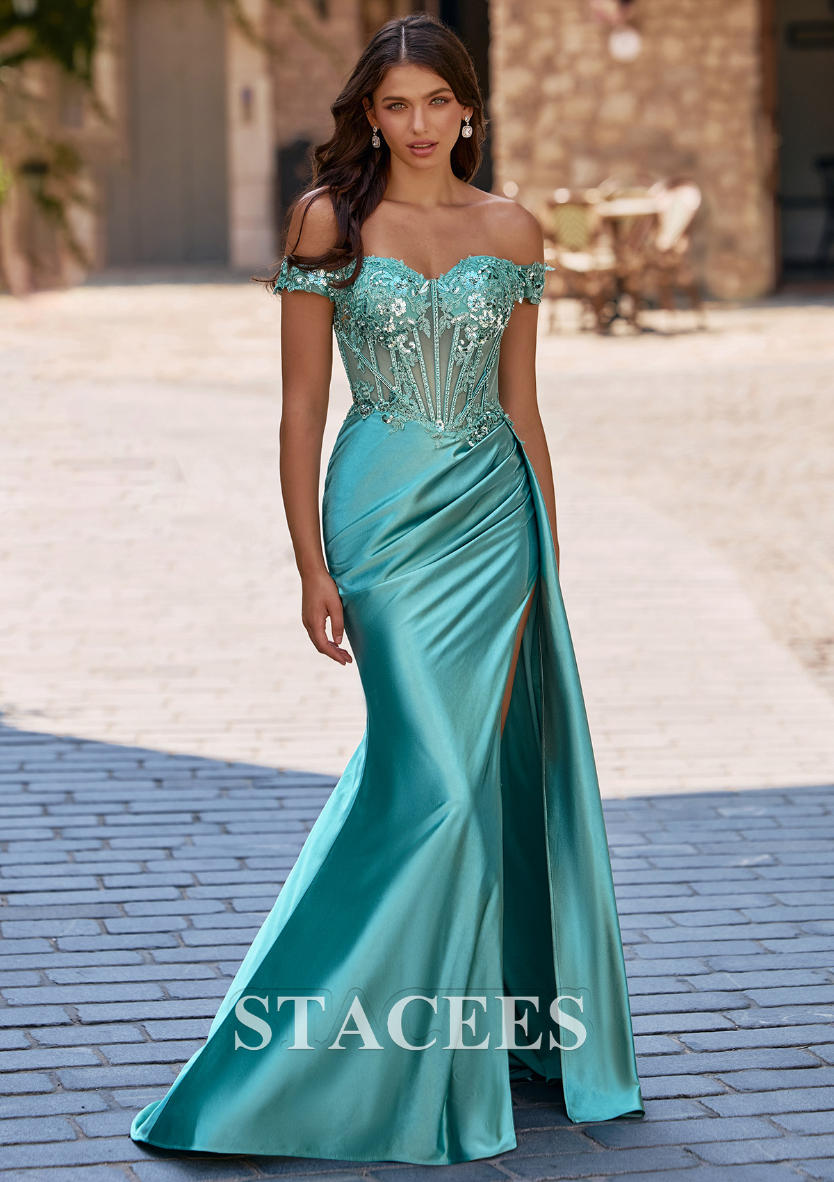 Agave Green Fitted Off-the-Shoulder Lace Appliqued Corset Slit Prom Dress with Side Drape - STACEES