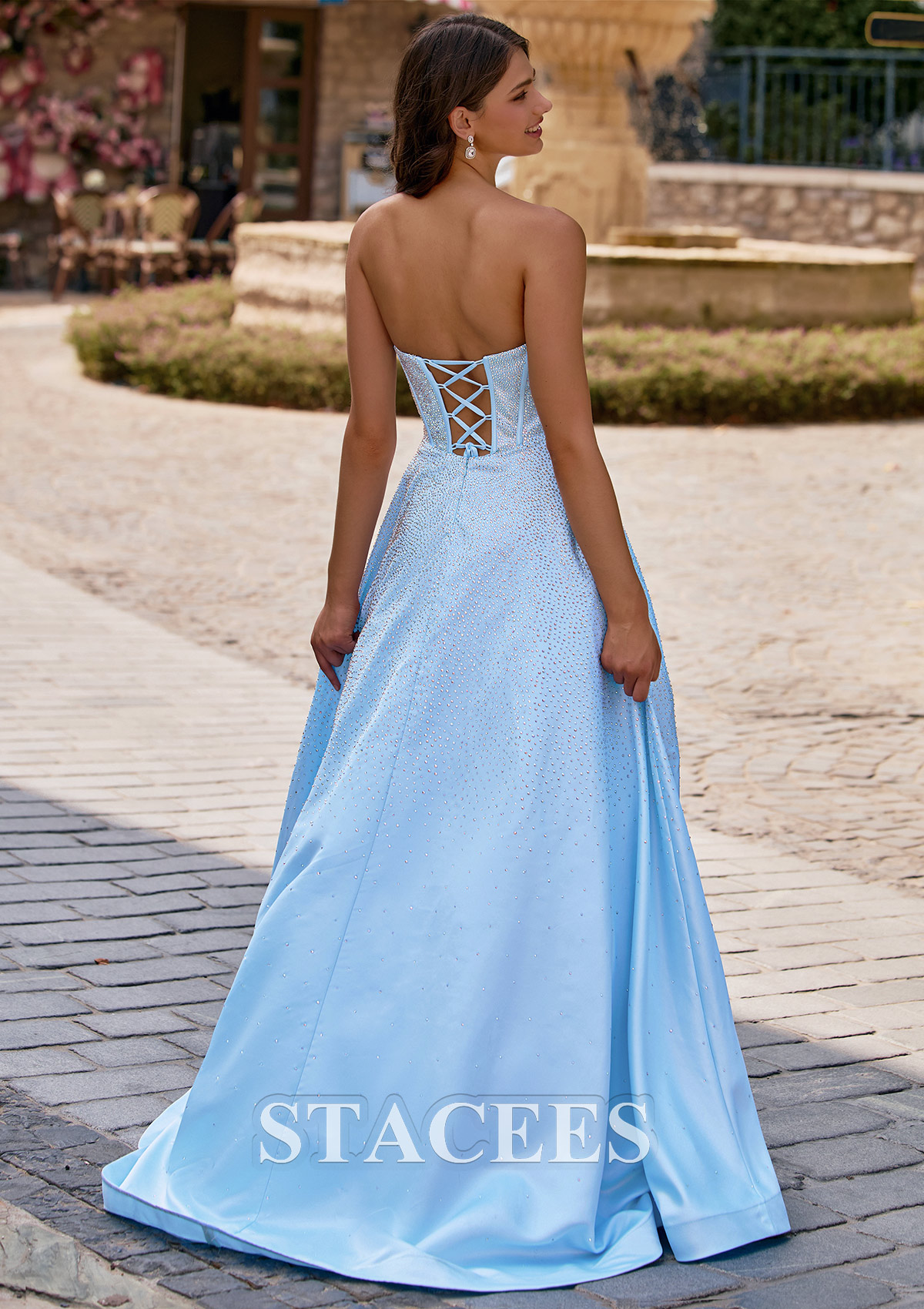 Sky Blue Sparkling A-line Strapless Ruched Corset Hot Fix Satin Prom Dress with Pockets