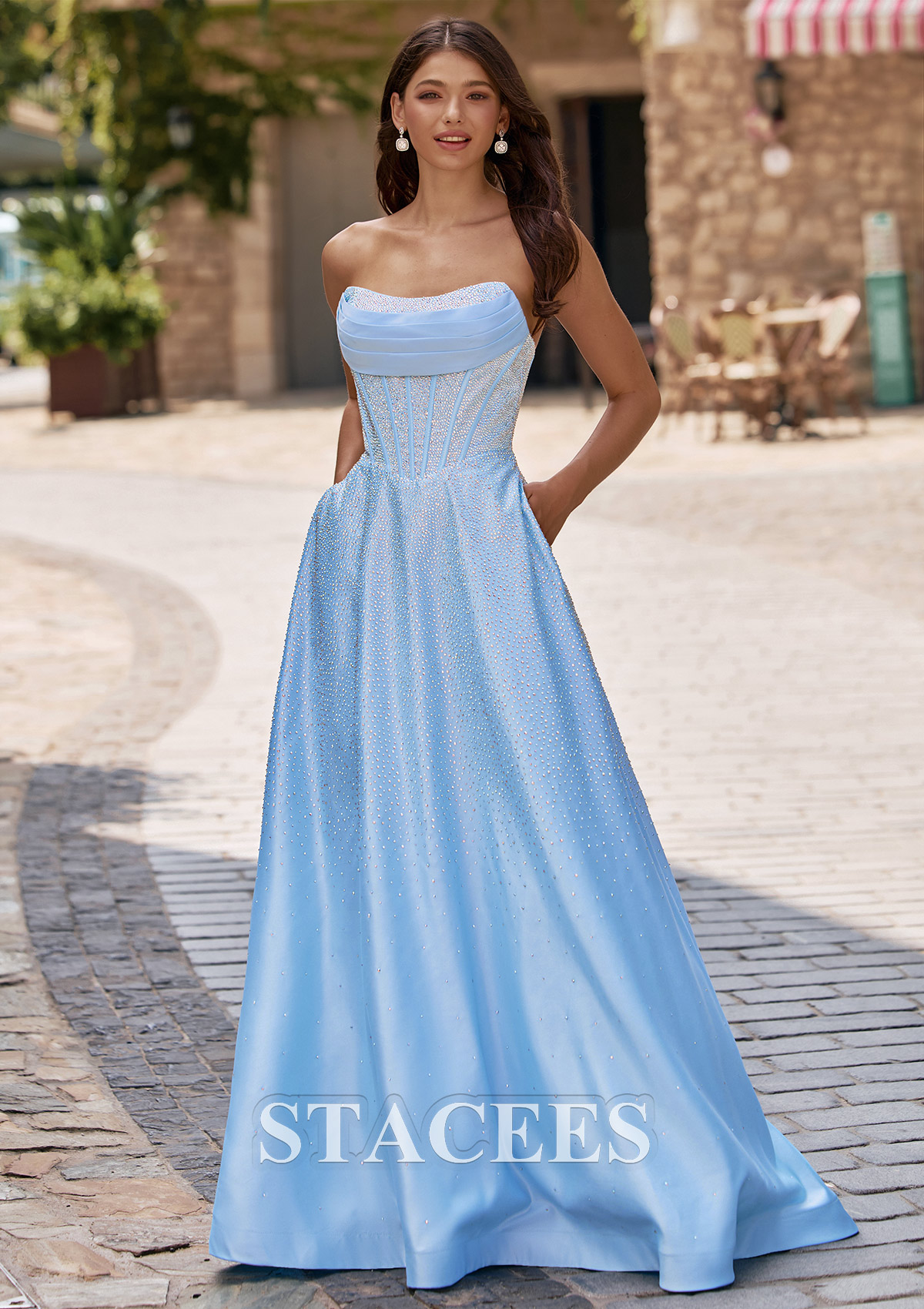 Sky Blue Sparkling A-line Strapless Ruched Corset Hot Fix Satin Prom Dress with Pockets