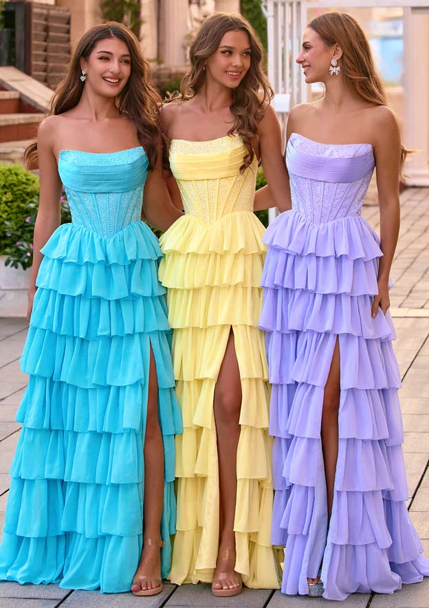 long chiffon corset formal prom dress reviews Lace-Up Strapless Long Corset Prom Dress with Scarf Smoky Blue / 2