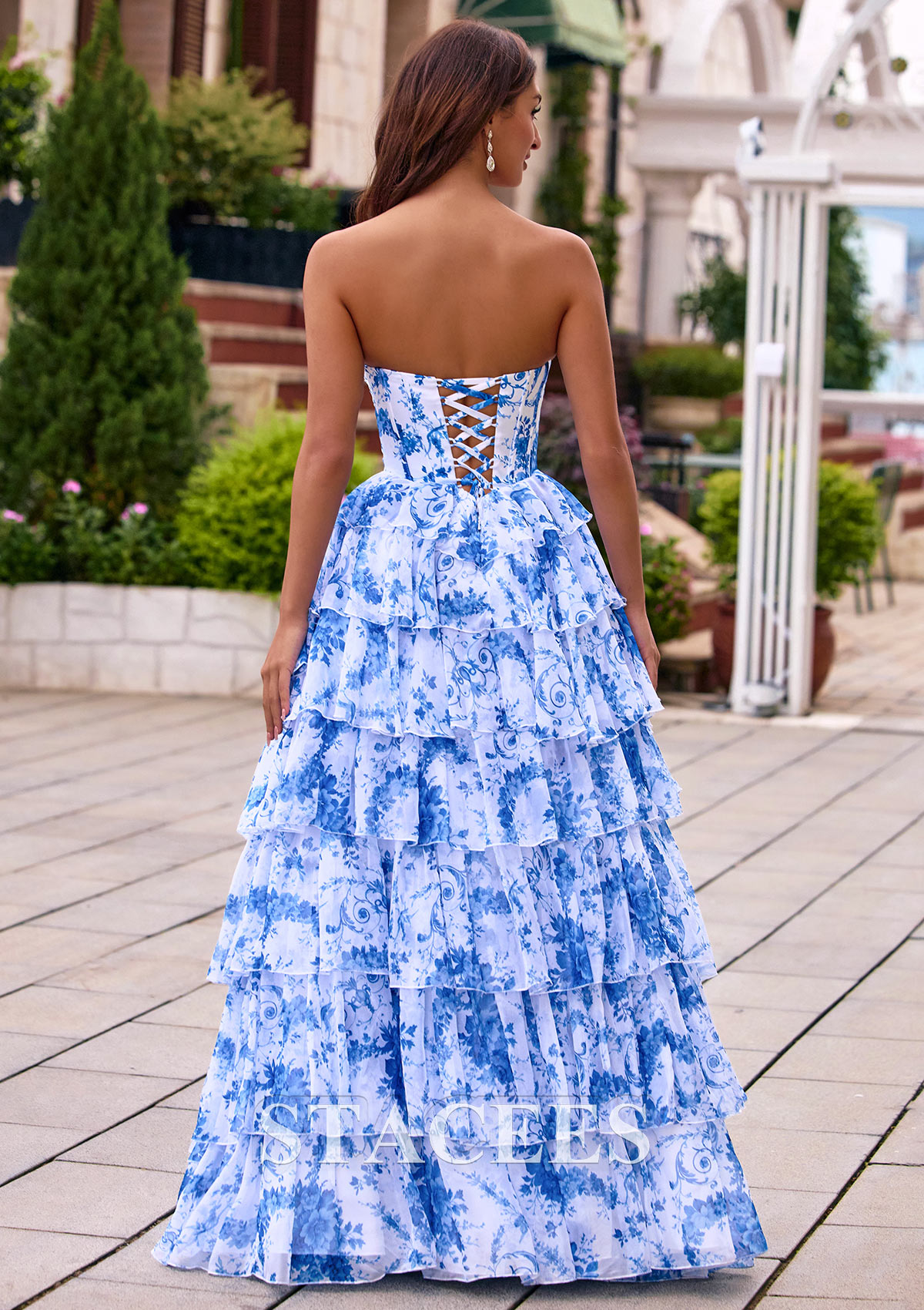 Ocean Blue Floral A-line Floral Print Strapless Vintage Tiered Ruffle Corset Prom Dress with Slit - STACEES