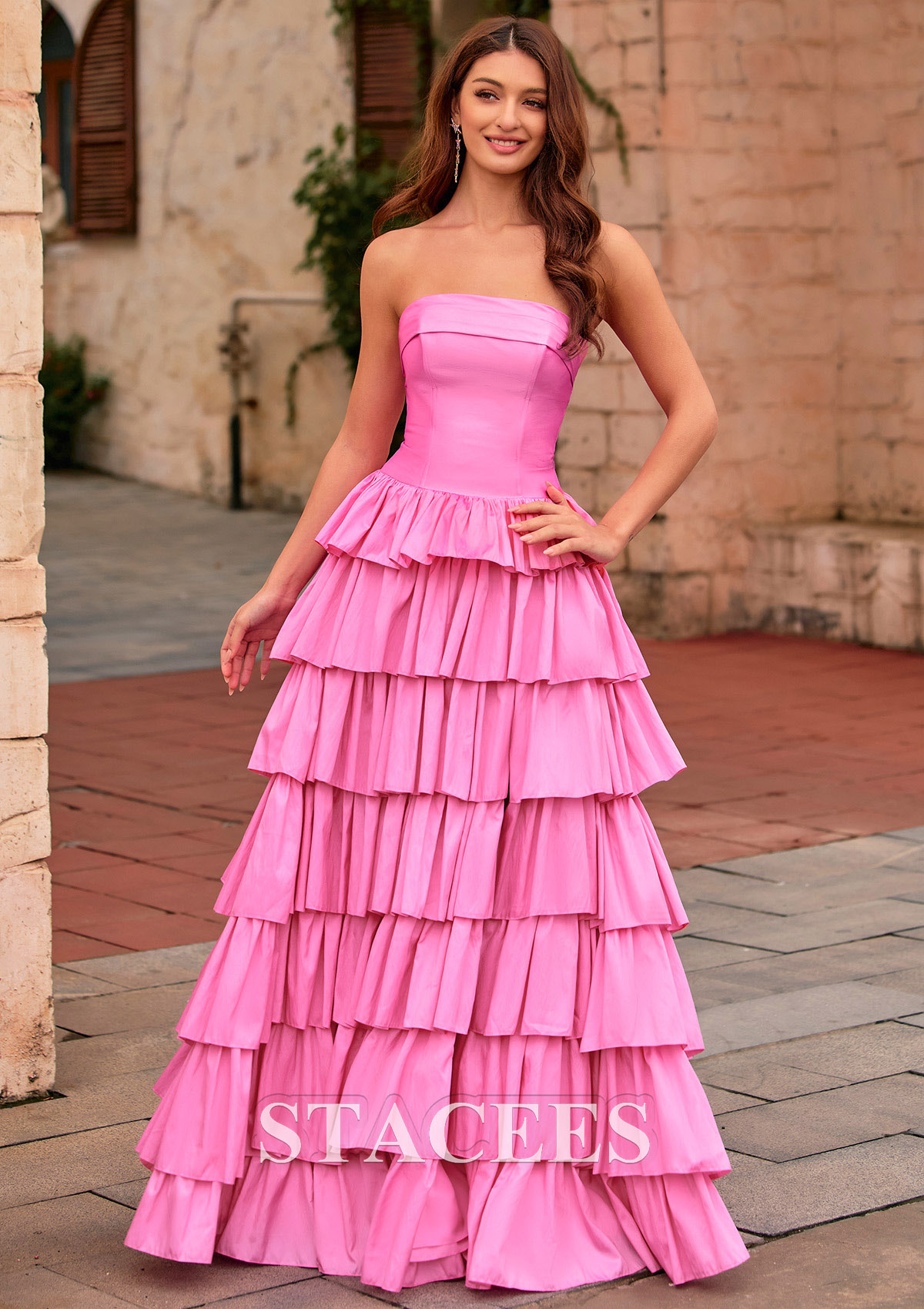pink taffeta prom dress A-line Strapless Tiered Ruffle Taffeta Backless Prom Dress with Slit S8939P  - Prom Dresses