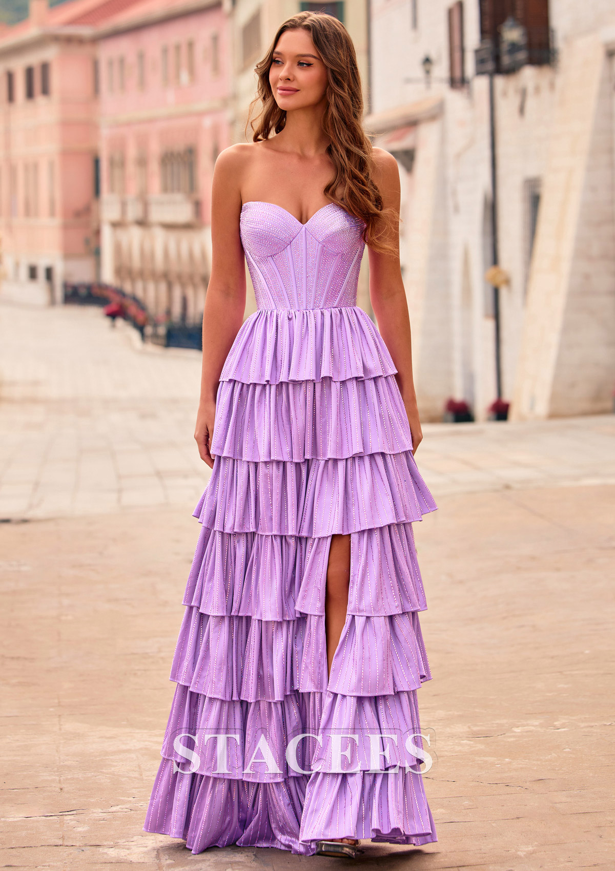 Lilac A-line Sweetheart Strapless Corset Hot Fix Silk like Satin Prom Dress with Slit - STACEES