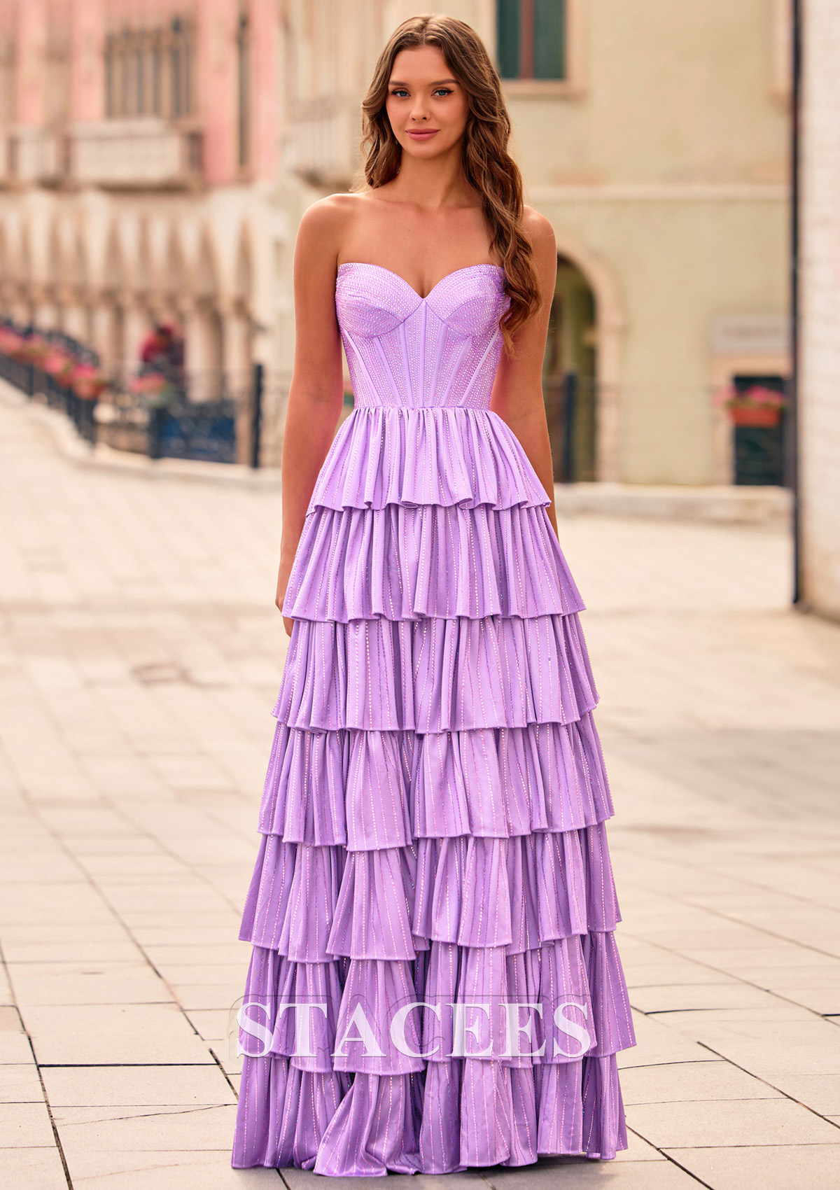 Lilac A-line Sweetheart Strapless Corset Hot Fix Silk like Satin Prom Dress with Slit - STACEES