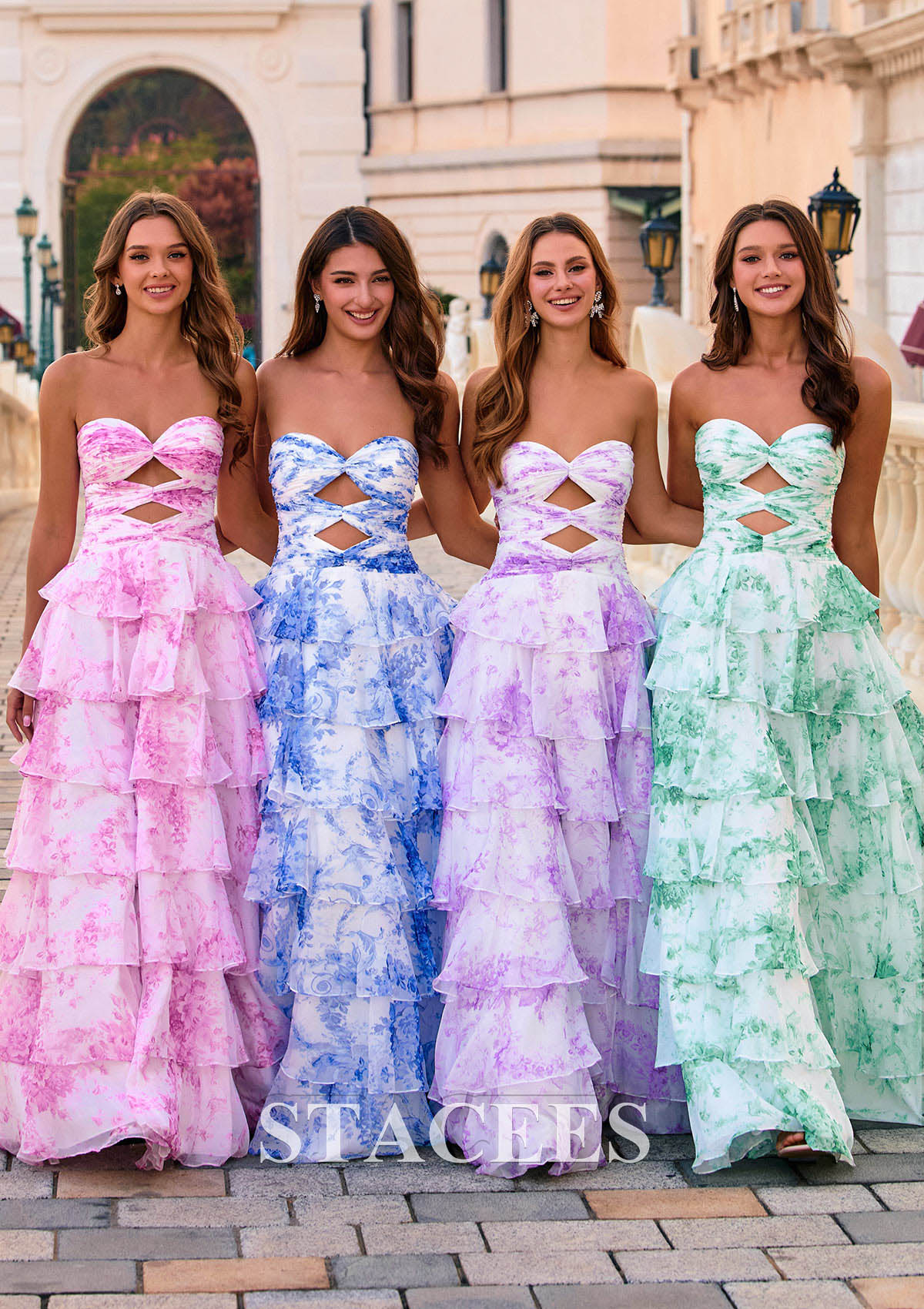 Lavender Floral A-line Strapless Floral Print Tiered Ruffle Prom Dress with Cutout Ruched Corset Bodice - STACEES