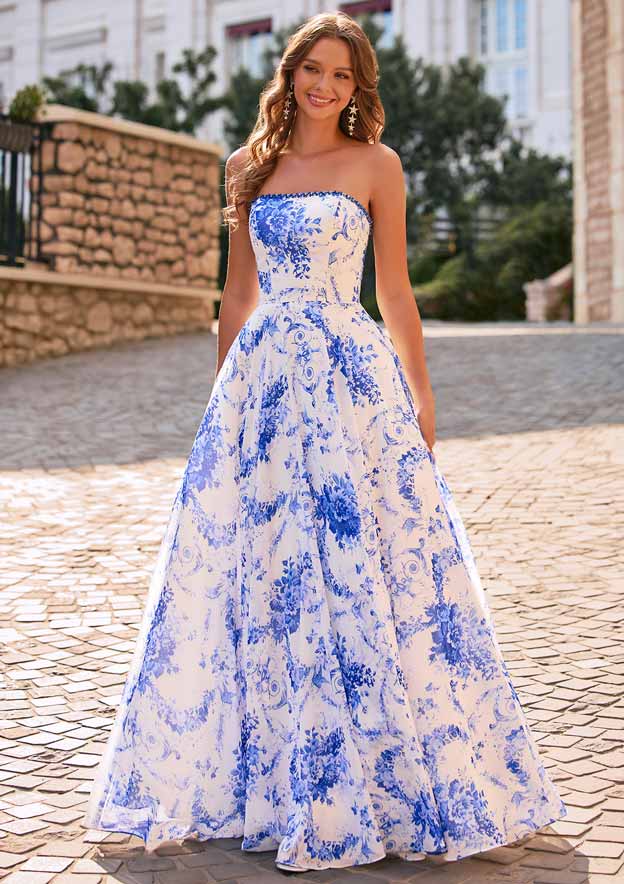 A-line Strapless Floral Print Chiffon Floor-Length Prom Dress with Beading Sequins
