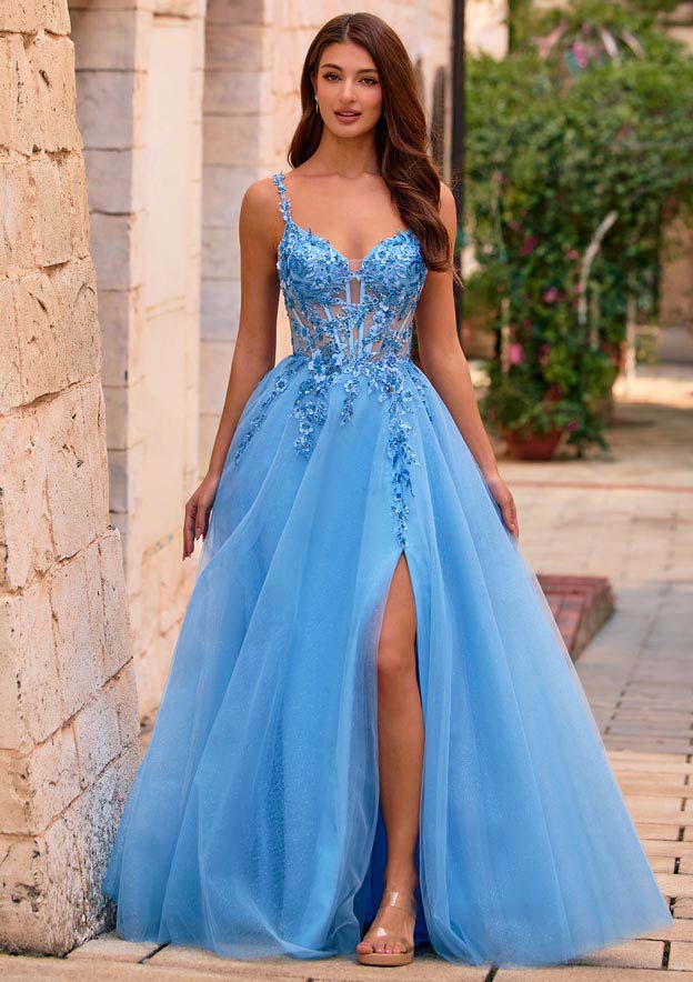 blue embroidered prom dress A-line Floral Straps Corset Glitter Tulle with Slit MOTHER-OF-GROOM Alice + Olivia FiFi Color:Dusty-Pink up back for custom
