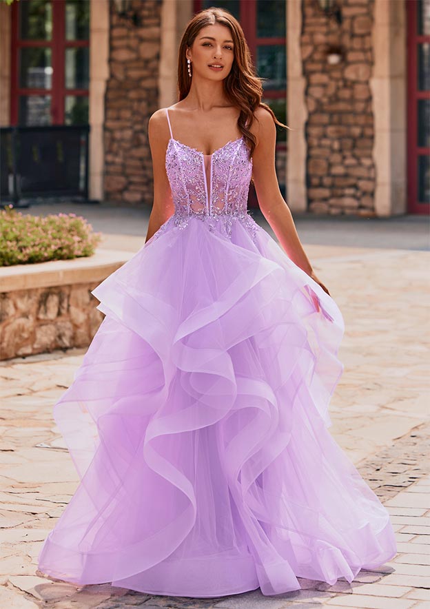 Ball Gown V Neck Beading Sequins Corset Ruffled Tulle Prom Dress