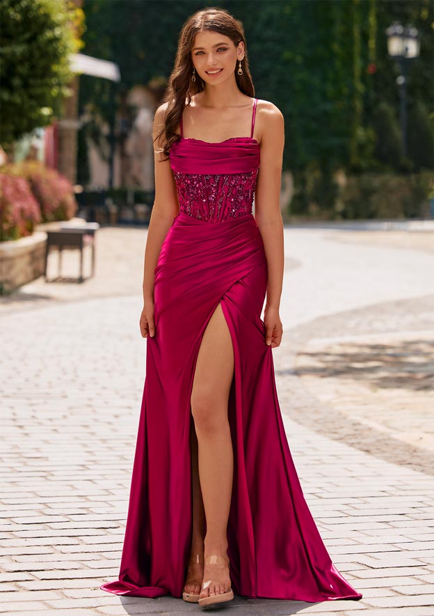 Fitted Beaded Sequins Ruched Corset Slit Prom Dress