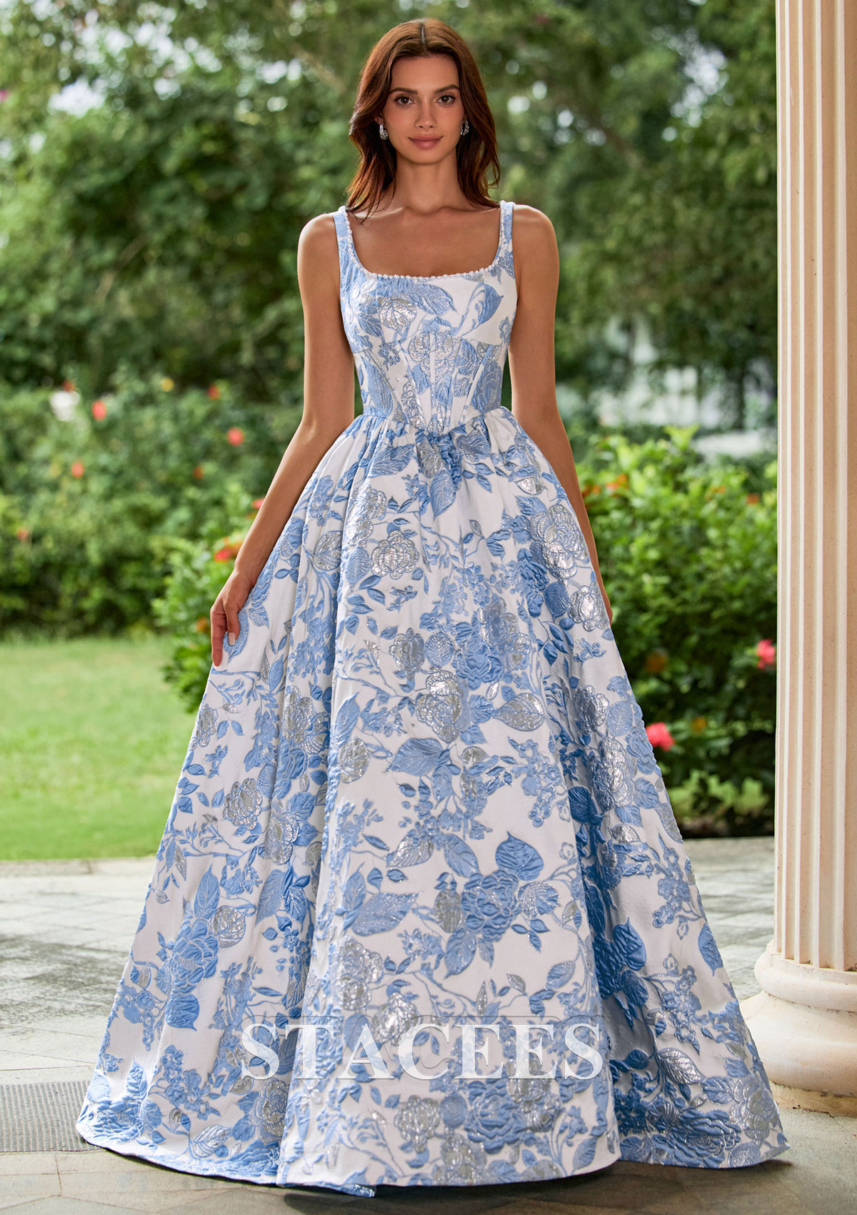 Sky Blue Floral Floral Brocade Pearls Square Neckline Corset Ball Gown Prom Dress