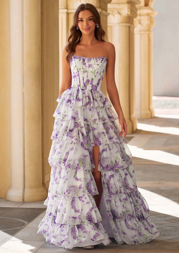 A-line Beaded Strapless Corset Floral Print Ruffle Prom Dress with Slit