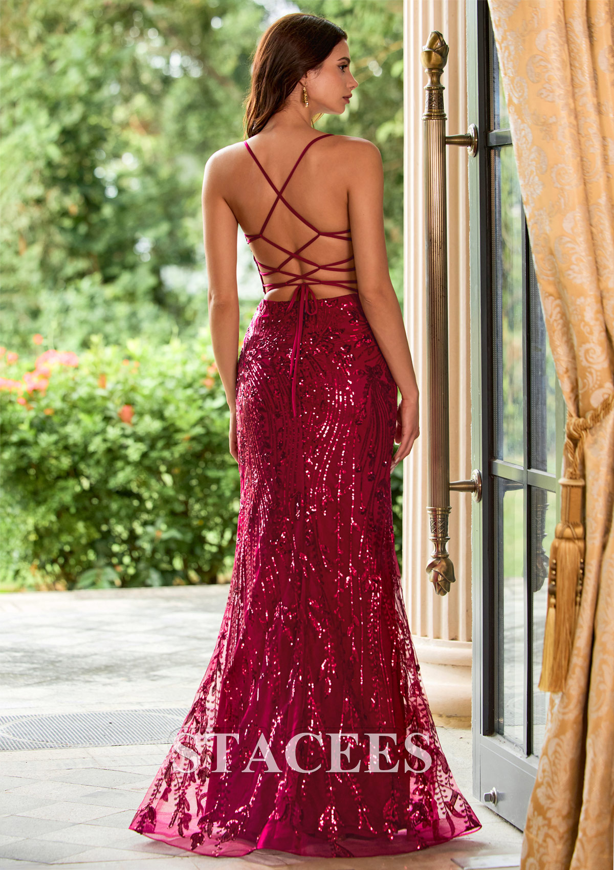 lace up backless sequin prom dress Burgundy Sequin Lace-Up Back Long Prom Dress with Slit Burgundy / 2