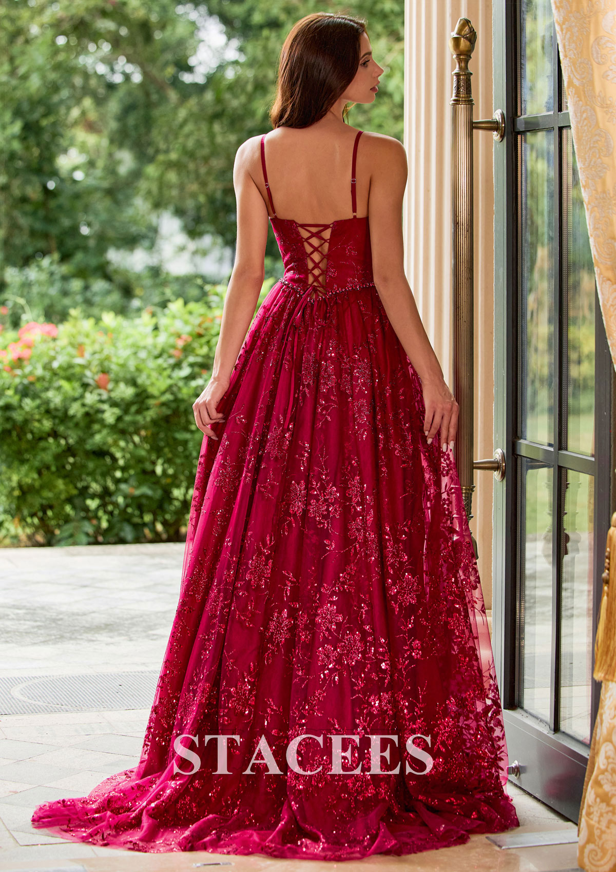 Burgundy Floral Sequin Glitter A-line Slit Prom Dress with Beaded Waistband - STACEES