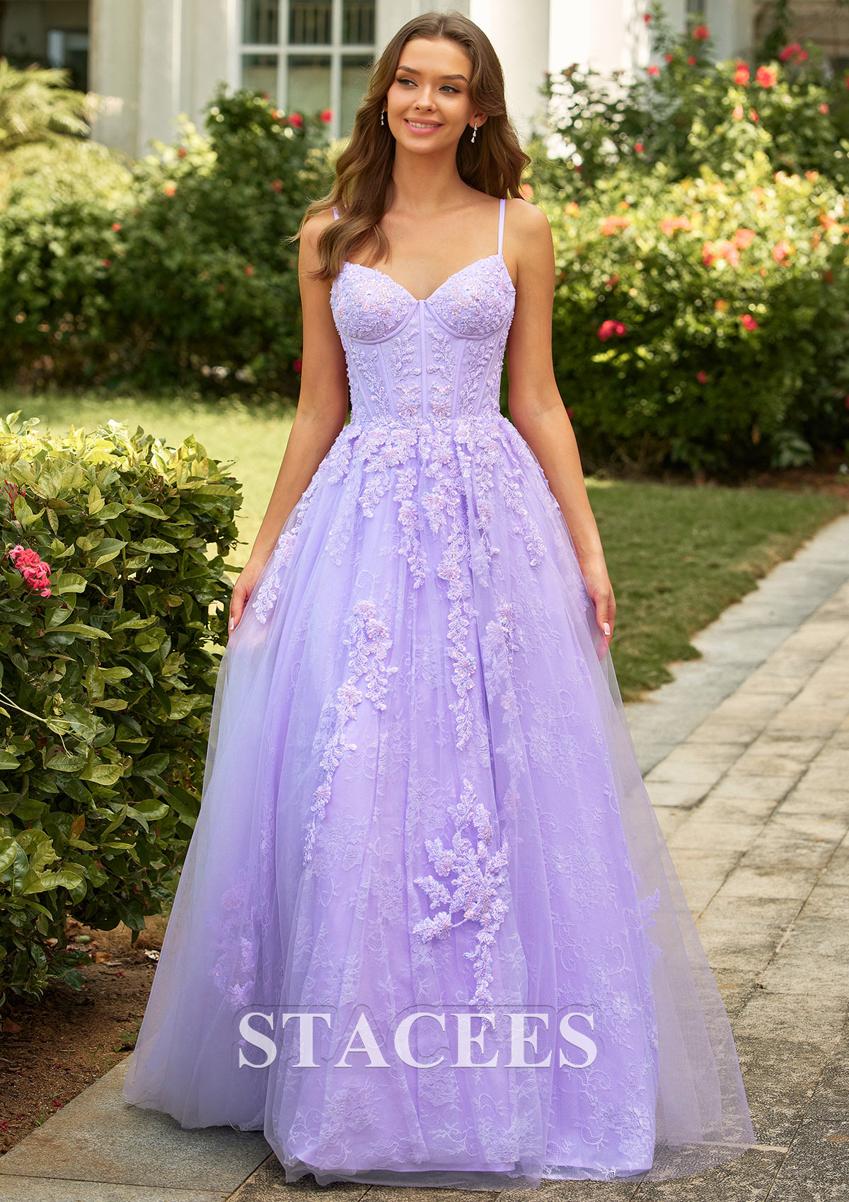 Lilac A-line Floral Lace Applique Prom Dress with Spaghetti Straps Corset Bodice  - STACEES