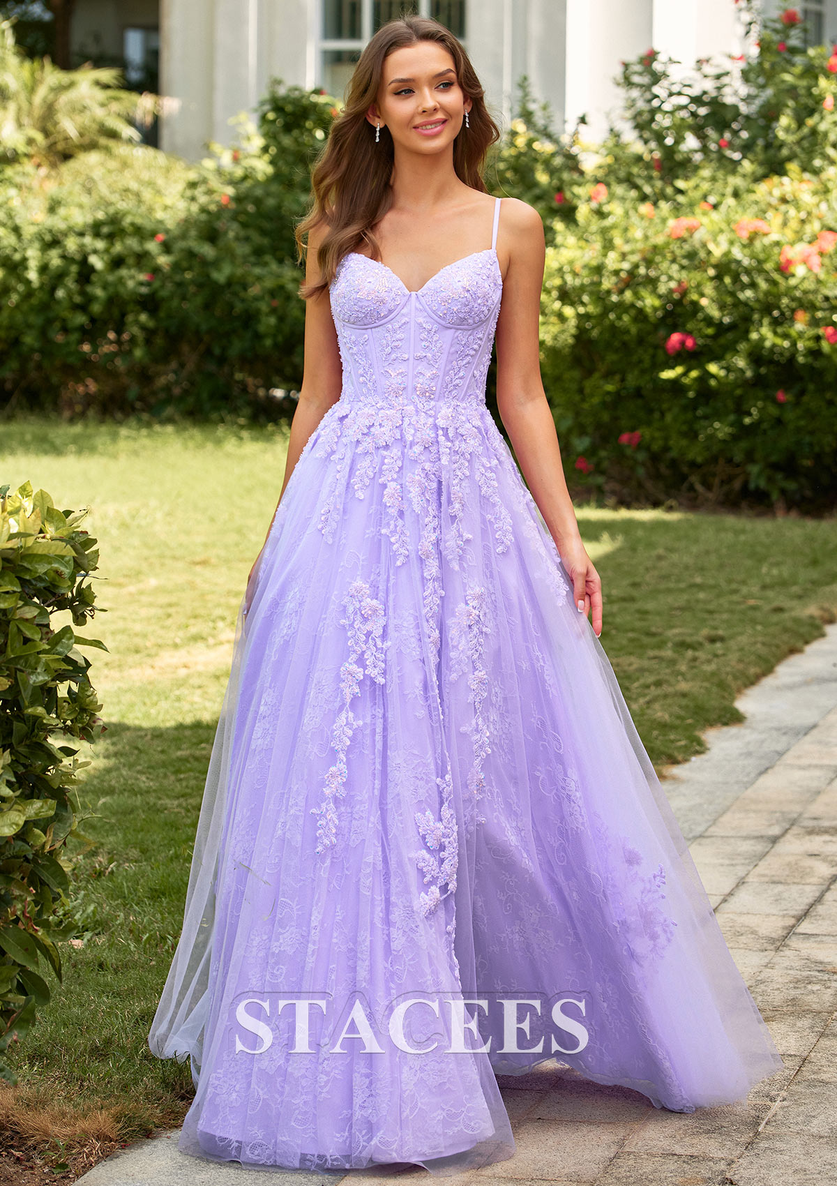 Lilac A-line Floral Lace Applique Prom Dress with Spaghetti Straps Corset Bodice  - STACEES