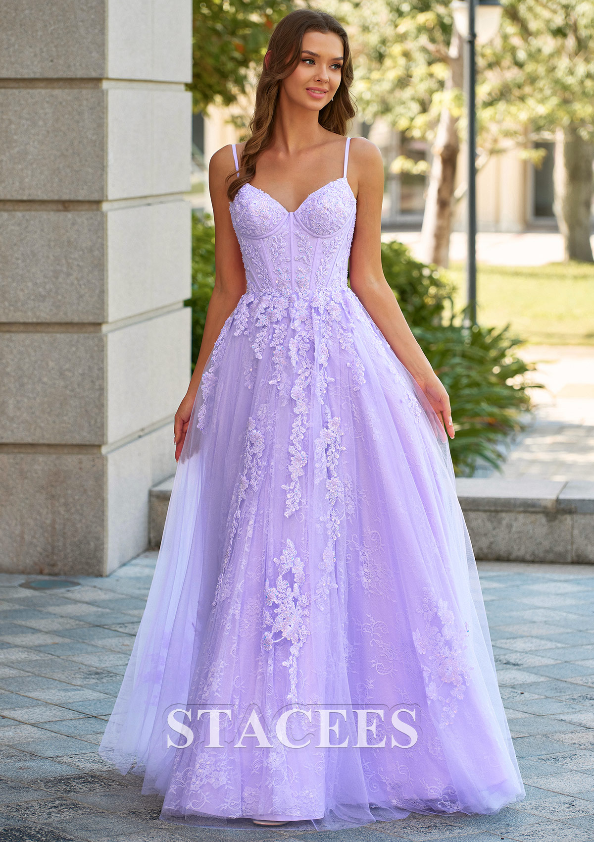 Lilac A-line Floral Lace Applique Prom Dress with Spaghetti Straps Corset Bodice  - STACEES