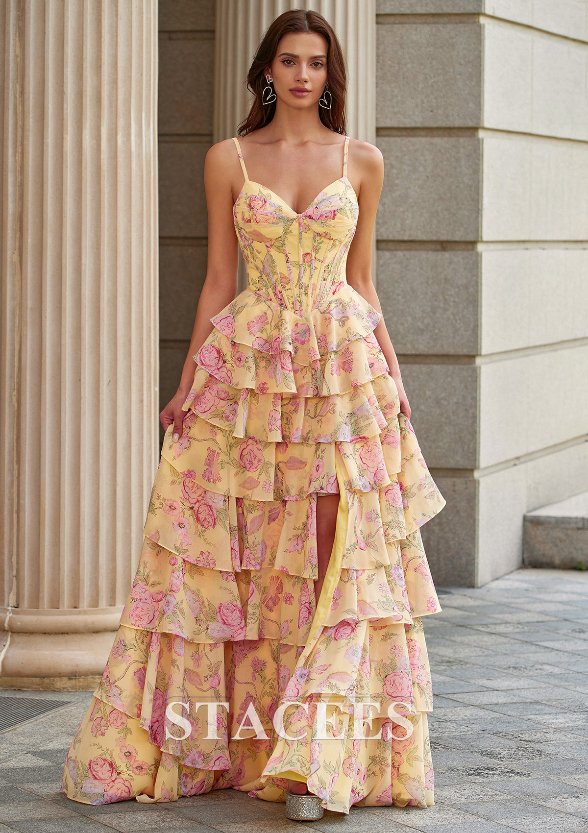 yellow dress with corset Sweetheart Yellow Lace Corset Tiered Tulle Prom Dress  FancyVestido