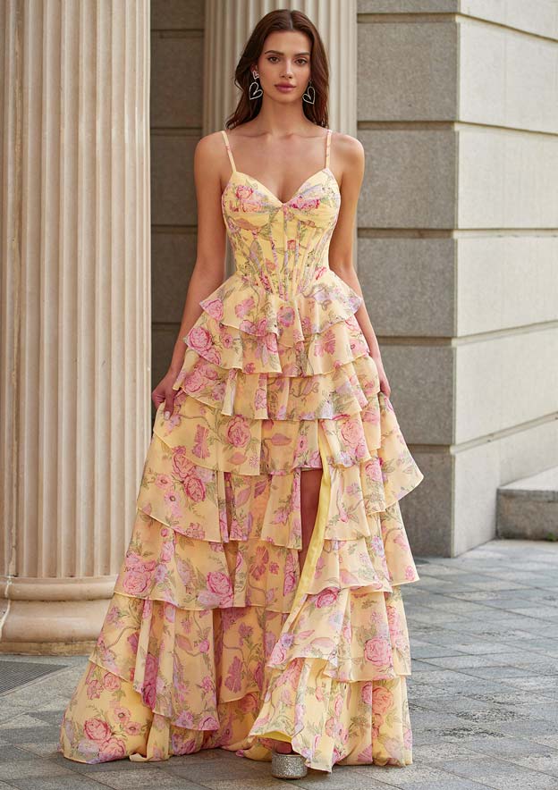 multi floral corset a line shift dress A‑Line Print V Neck Tiered Ruffle Prom with Slit S9054P- Prom Dresses Top Ways to Wash Age of Romance Fit:Plus fitted waist